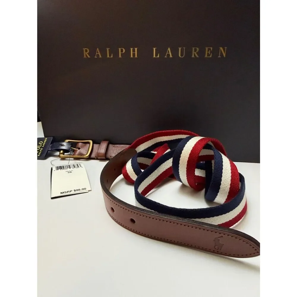 Polo Ralph Lauren Men’s 3X Striped Belt Leather Trim Golf Preppy XXL